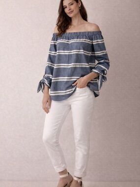 NWT The Limited Off-Shoulder Chambray Stripe Top XS | Tie Sleeve | Summer Blouse